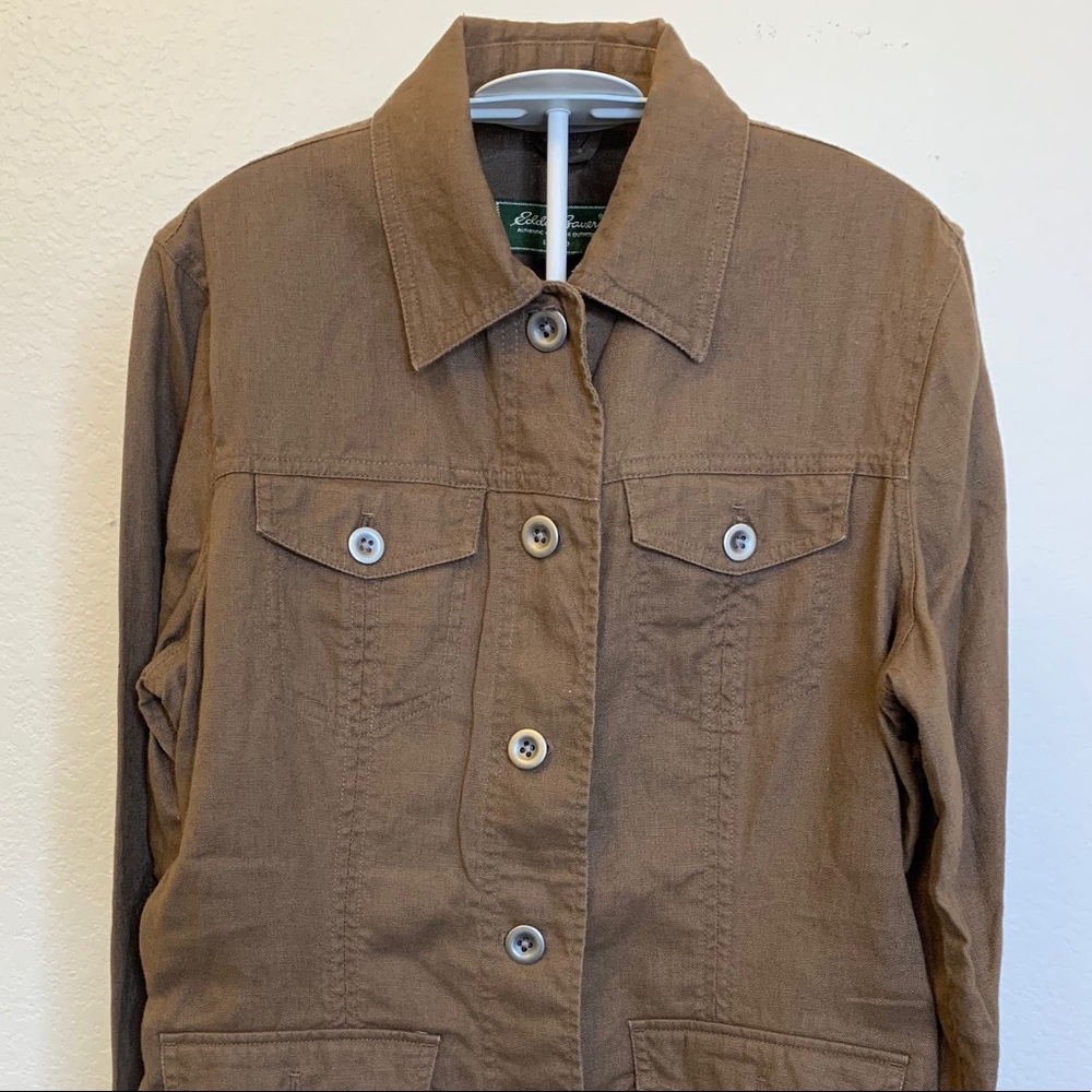 Eddie Bauer Utility Jacket Brown Woman 100% Linen
